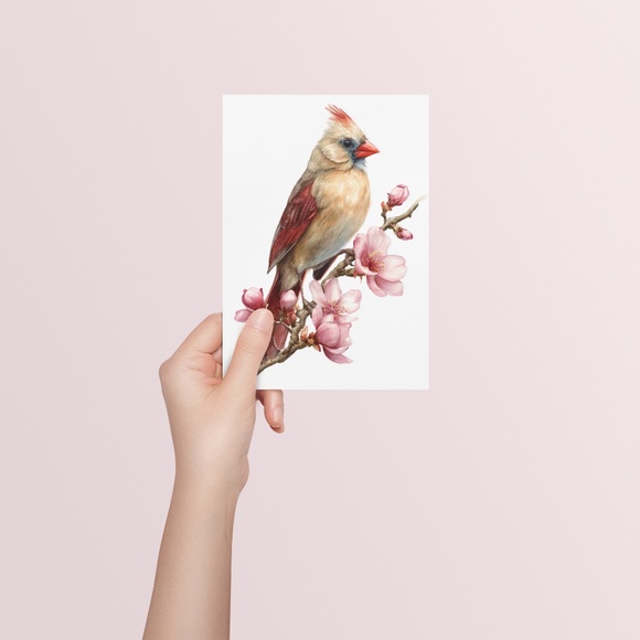 Watercolor Female Cardinal Bird with Flowers Wall Art Print Unframed - Picture 5 of 7